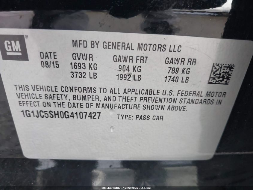 2016 Chevrolet Sonic Lt Auto VIN: 1G1JC5SH0G4107427 Lot: 44013487