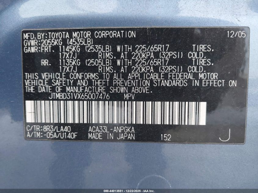 2006 Toyota Rav4 Limited VIN: JTMBD31VX65007476 Lot: 44013551