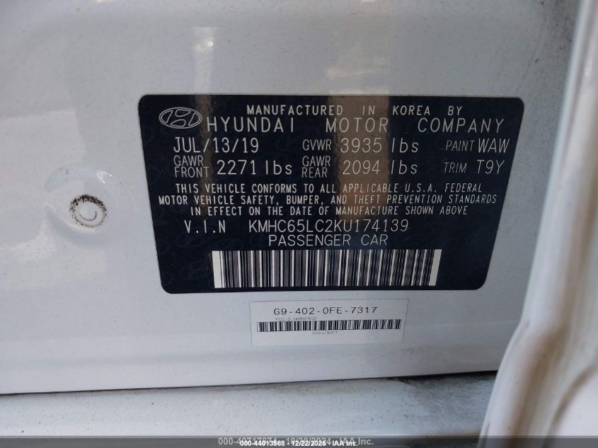 2019 Hyundai Ioniq Hybrid Blue VIN: KMHC65LC2KU174139 Lot: 44013568