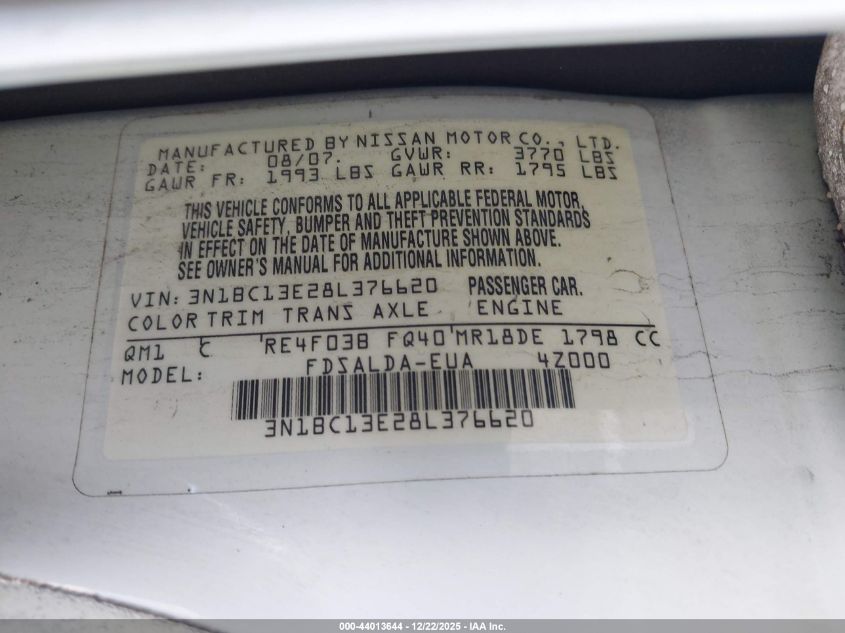 2008 Nissan Versa 1.8S VIN: 3N1BC13E28L376620 Lot: 44013644