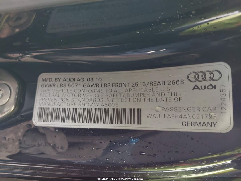 2010 Audi A5 2.0T Premium VIN: WAULFAFH4AN021725 Lot: 44013745