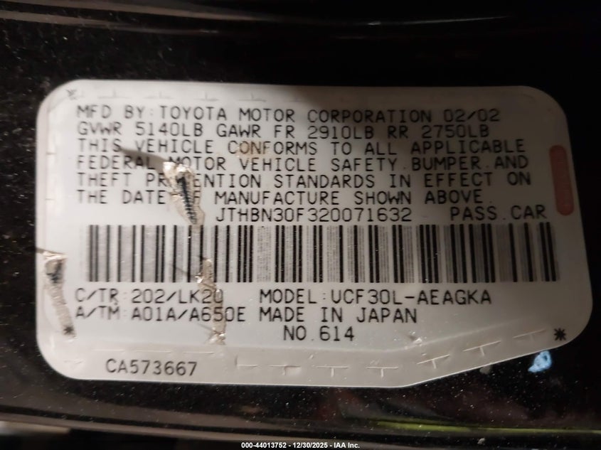 2002 Lexus Ls 430 VIN: JTHBN30F320071632 Lot: 44013752