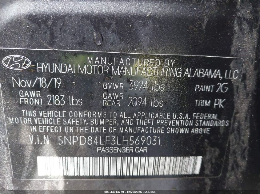 2020 Hyundai Elantra Sel VIN: 5NPD84LF3LH569031 Lot: 44013779