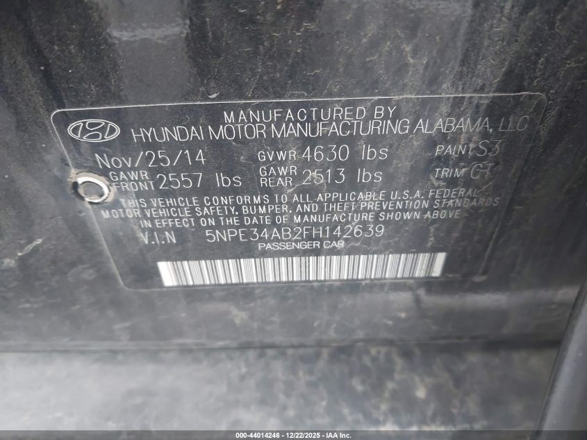 2015 Hyundai Sonata Limited 2.0T VIN: 5NPE34AB2FH142639 Lot: 44014246