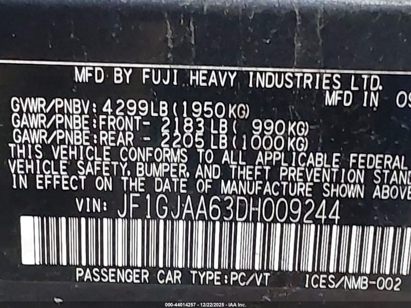 2013 Subaru Impreza 2.0I VIN: JF1GJAA63DH009244 Lot: 44014257