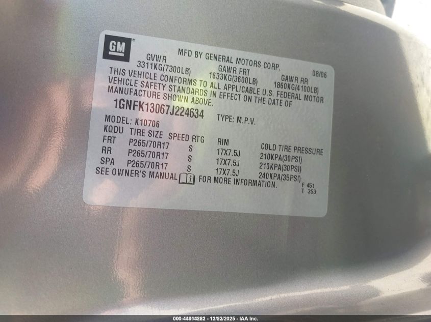 2007 Chevrolet Tahoe Lt VIN: 1GNFK13067J224634 Lot: 44014282
