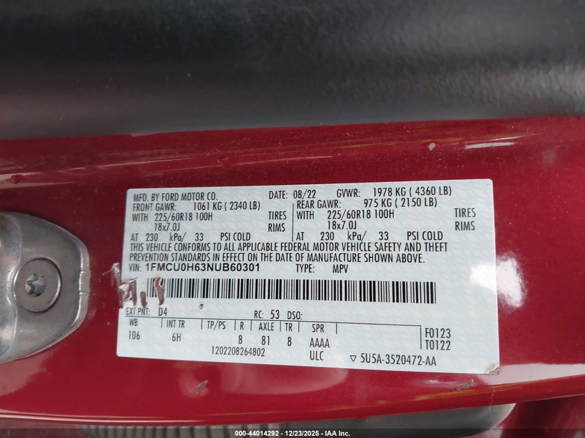 2022 FORD ESCAPE 1.5L I-3 DI, DOHC, V(VIN: 1FMCU0H63NUB60301