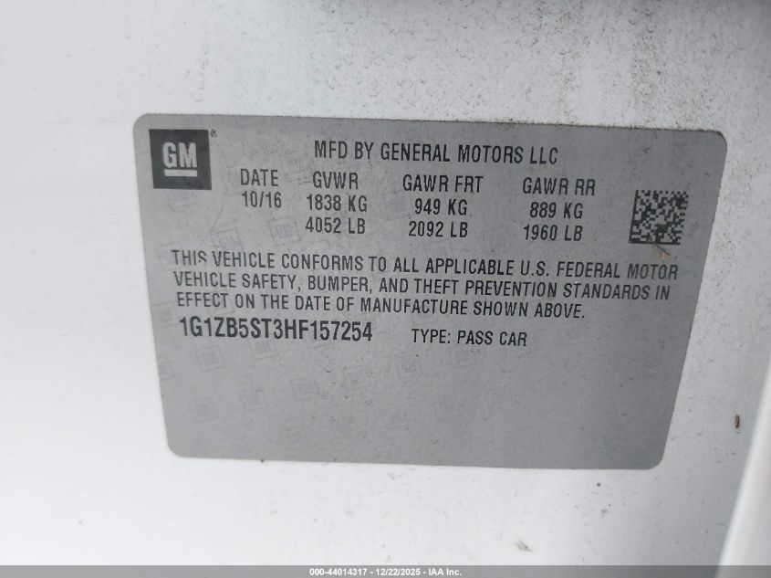 2017 Chevrolet Malibu Ls VIN: 1G1ZB5ST3HF157254 Lot: 44014317