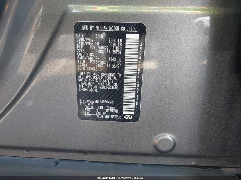 2018 Infiniti Qx80 VIN: JN8AZ2NF3J9664281 Lot: 44014418