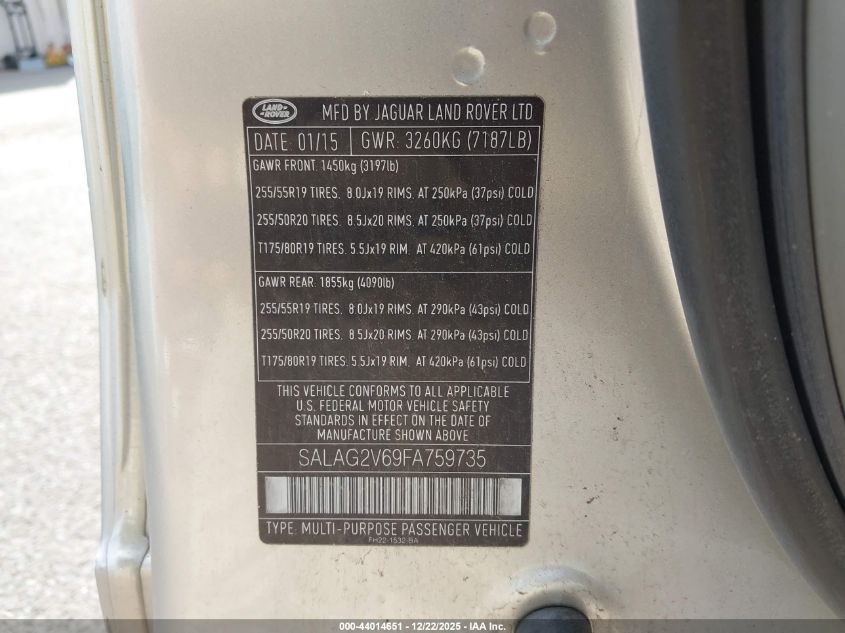 2015 Land Rover Lr4 VIN: SALAG2V69FA759735 Lot: 44014651