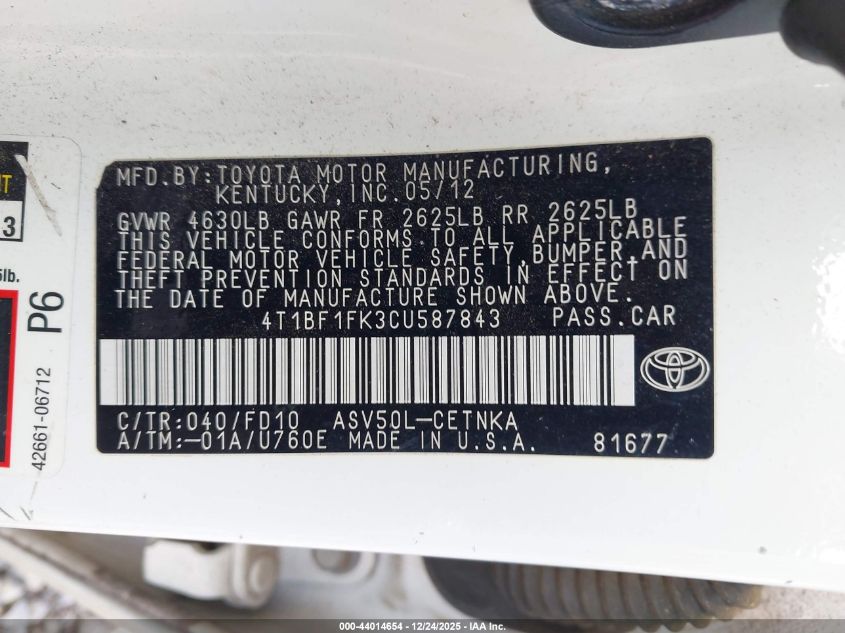 2012 Toyota Camry Le VIN: 4T1BF1FK3CU587843 Lot: 44014654