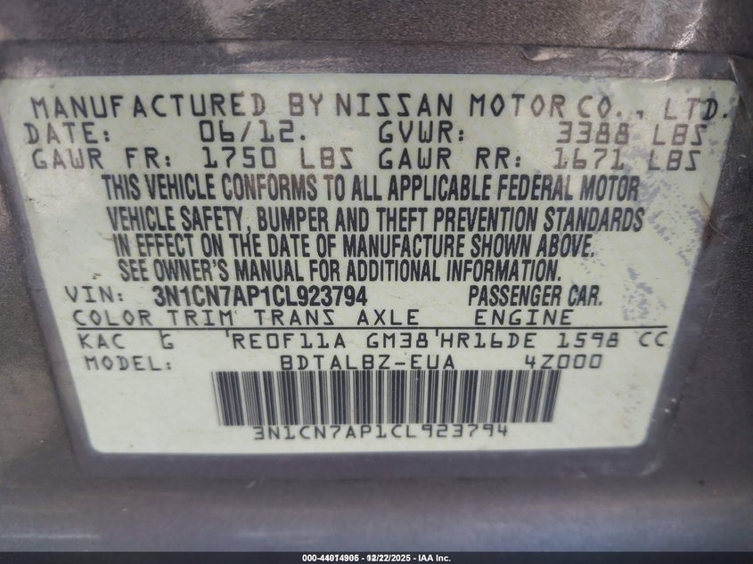 2012 Nissan Versa 1.6 1.6 Sv grey Lot 111044014905 Vin 3N1CN7AP1CL923794