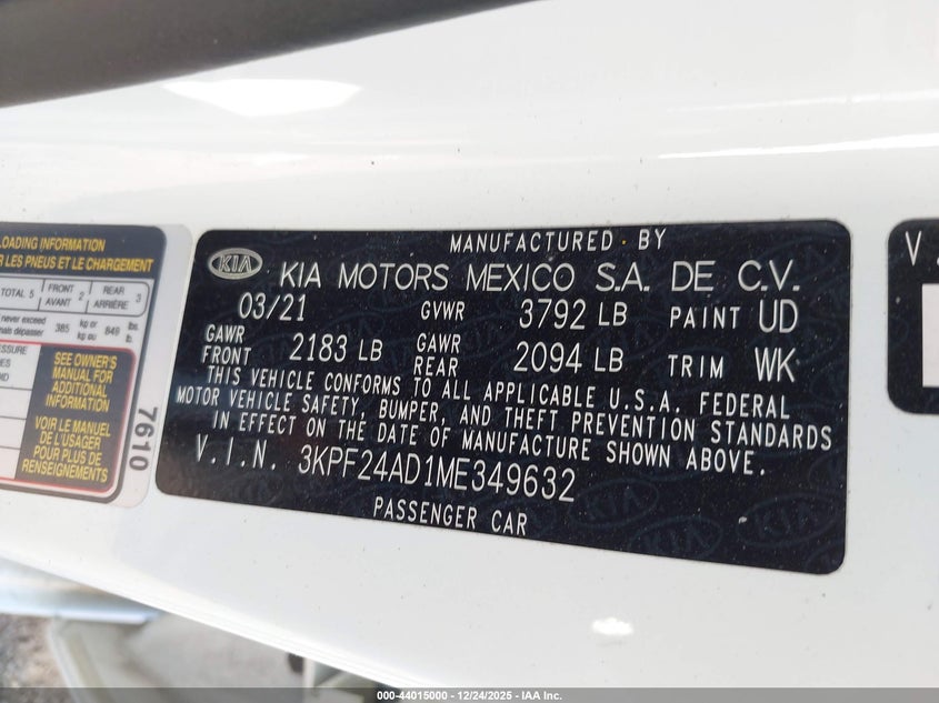 VIN 3KPF24AD1ME349632 2021 KIA FORTE LXS