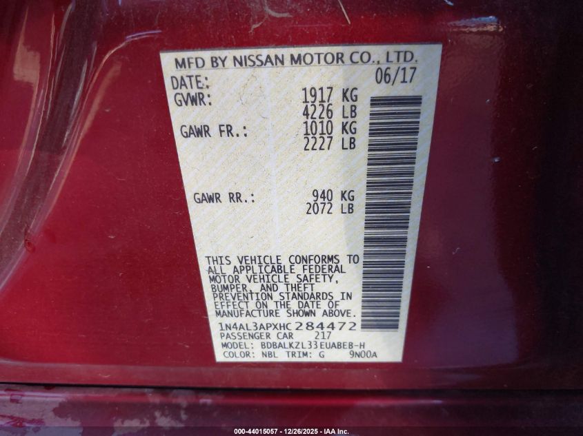 2017 Nissan Altima 2.5 Sv VIN: 1N4AL3APXHC284472 Lot: 44015057