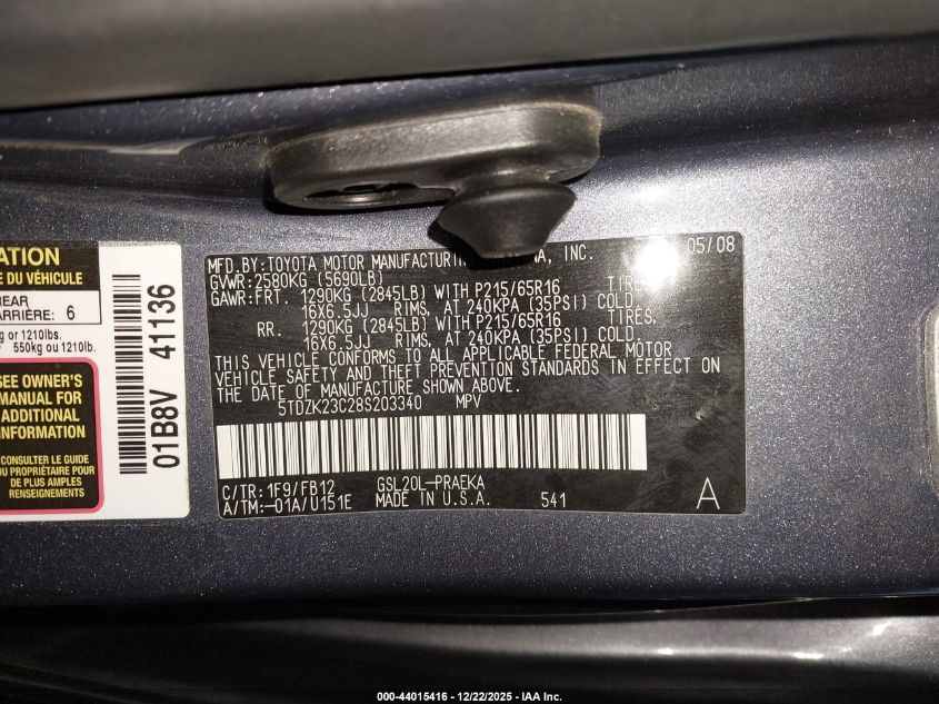 2008 Toyota Sienna Ce VIN: 5TDZK23C28S203340 Lot: 44015416