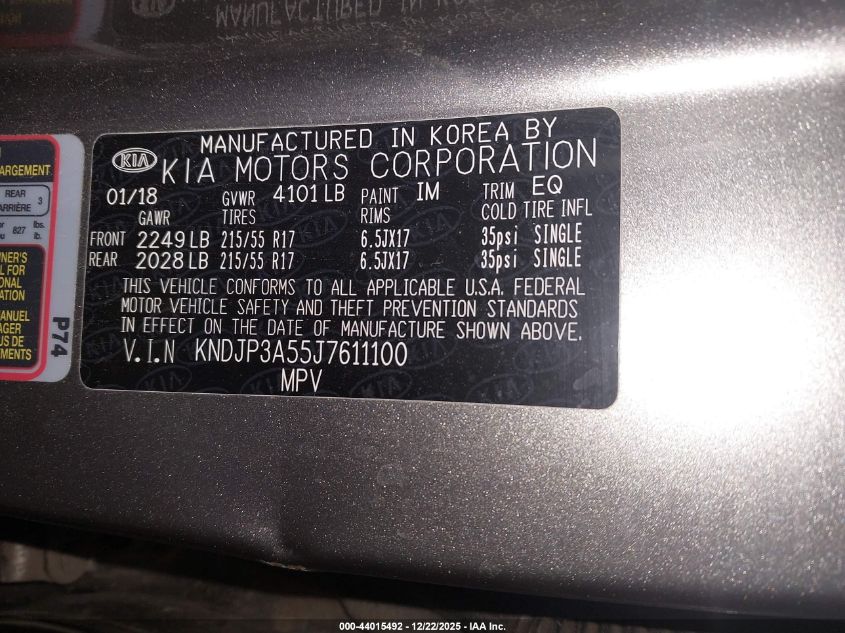 2018 Kia Soul + VIN: KNDJP3A55J7611100 Lot: 44015492