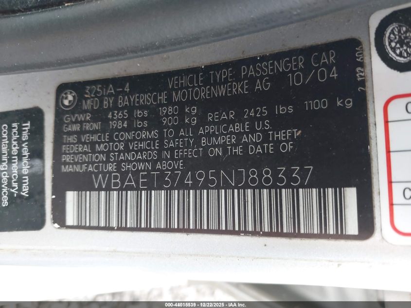 2005 BMW 325I VIN: WBAET37495NJ88337 Lot: 44015539
