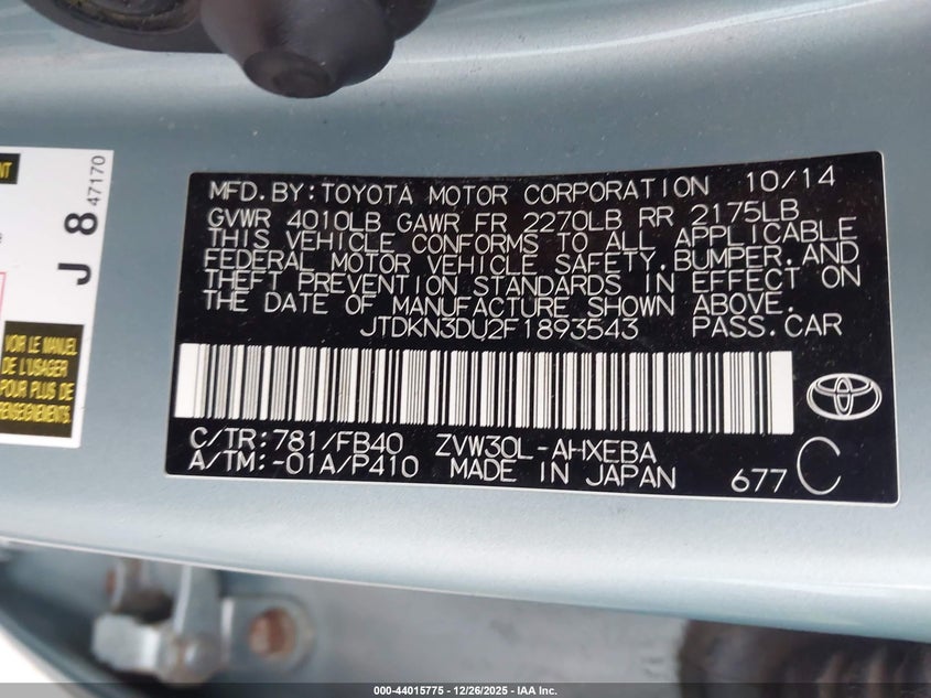 2015 Toyota Prius Two VIN: JTDKN3DU2F1893543 Lot: 44015775