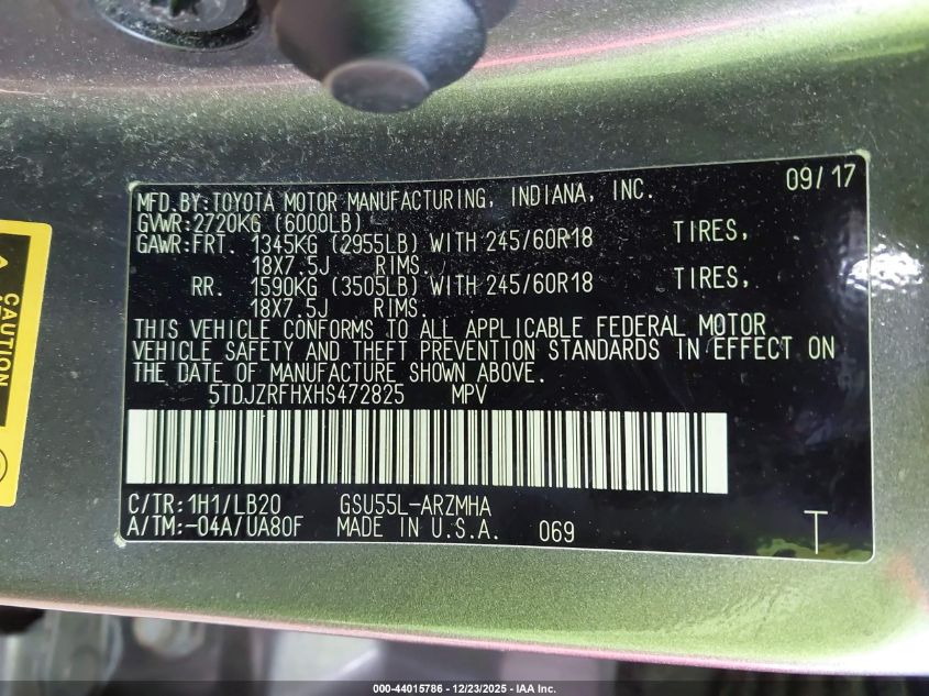 2017 Toyota Highlander Xle VIN: 5TDJZRFHXHS472825 Lot: 44015786