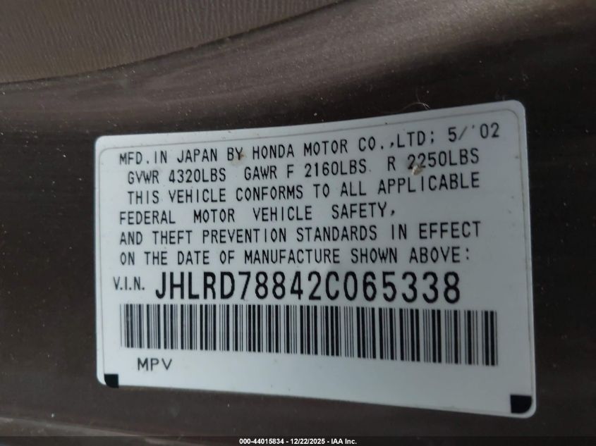2002 Honda Cr-V Ex VIN: JHLRD78842C065338 Lot: 44015834