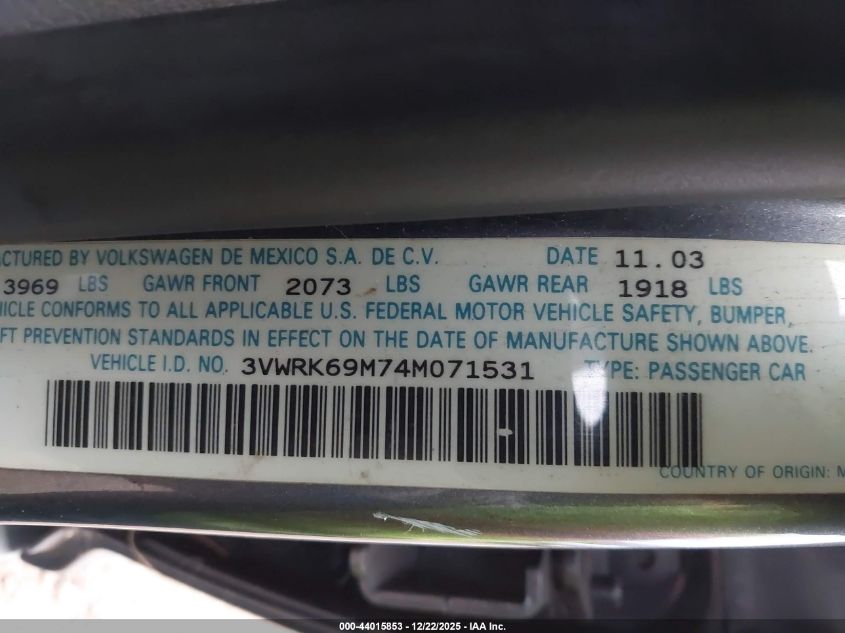 2004 Volkswagen Jetta Gl VIN: 3VWRK69M74M071531 Lot: 44015853