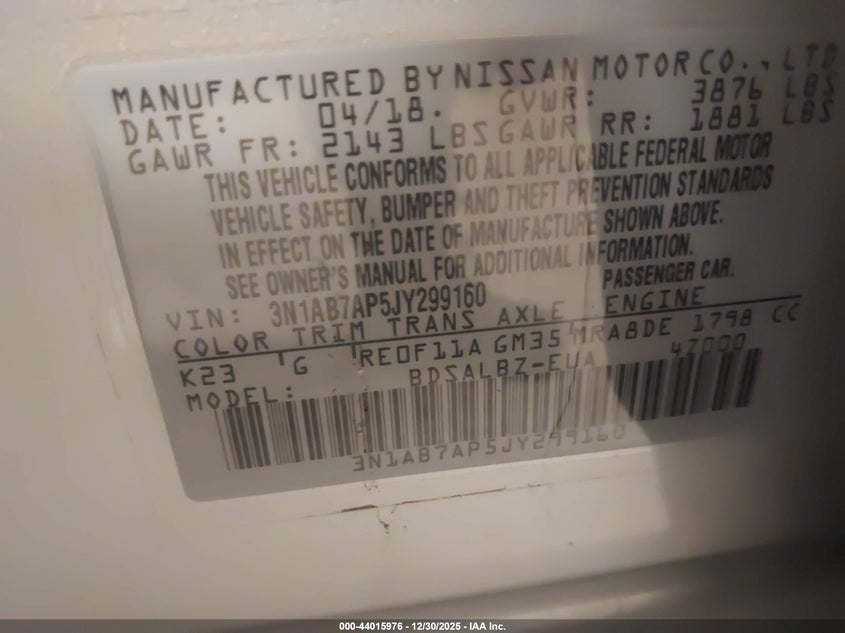 VIN 3N1AB7AP5JY299160 2018 NISSAN SENTRA S