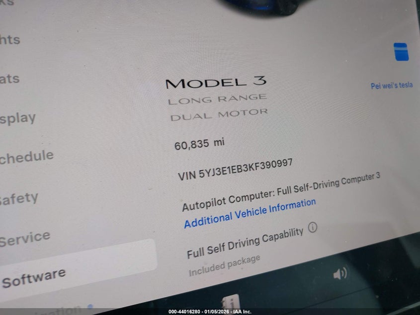 2019 Tesla Model 3 Long Range/Performance VIN: 5YJ3E1EB3KF390997 Lot: 44016280