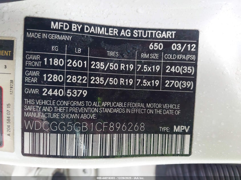 2012 Mercedes-Benz Glk 350 VIN: WDCGG5GB1CF896268 Lot: 44016303