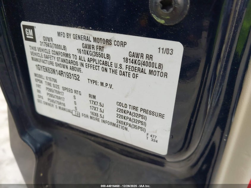 2004 Cadillac Escalade Standard VIN: 1GYEK63N14R193152 Lot: 44016468