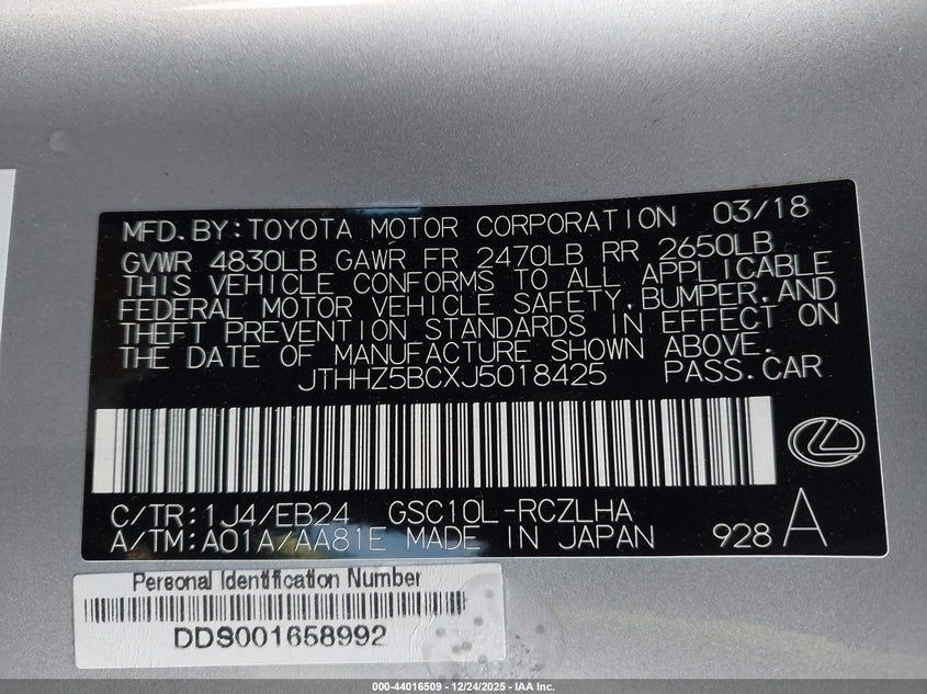 VIN JTHHZ5BCXJ5018425 2018 LEXUS RC 350