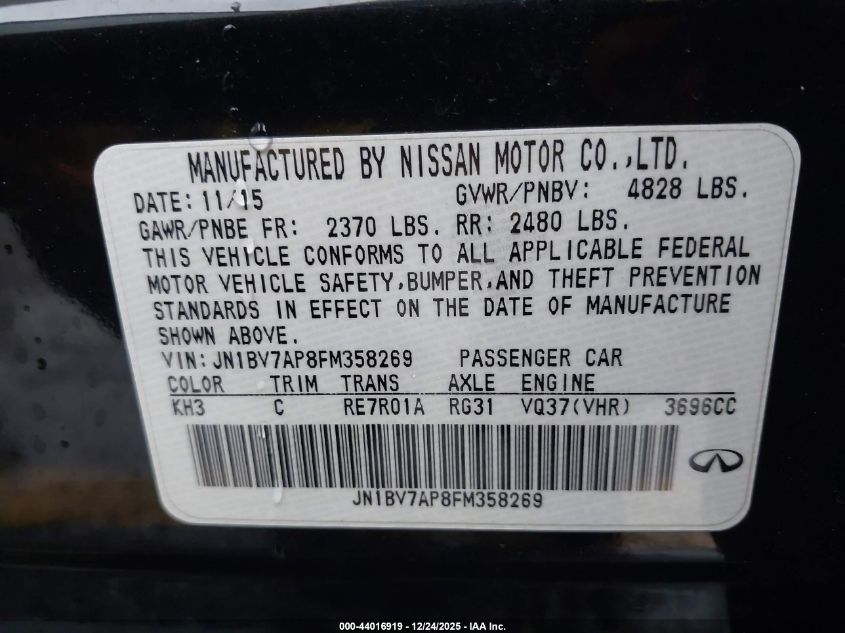 2015 Infiniti Q50 Premium VIN: JN1BV7AP8FM358269 Lot: 44016919