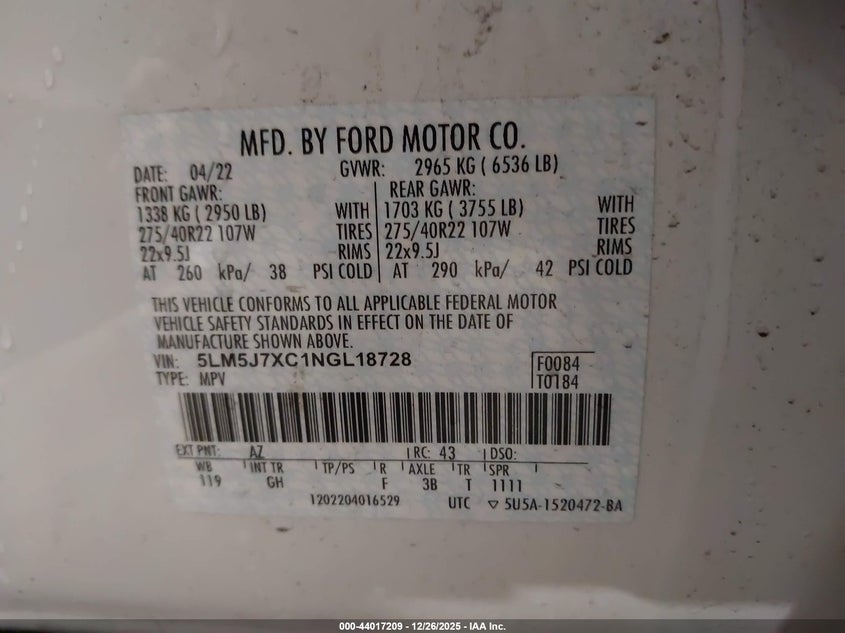 VIN 5LM5J7XC1NGL18728 2022 LINCOLN AVIATOR RESERVE