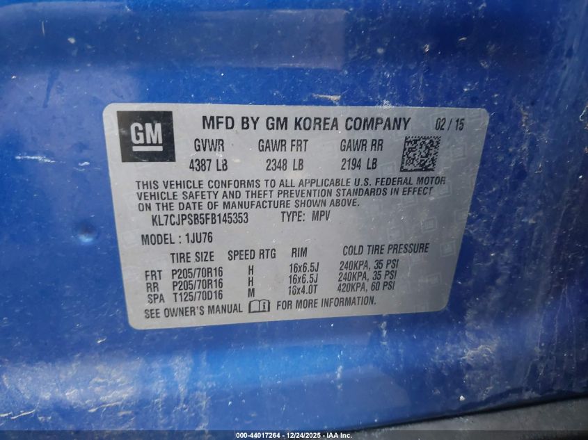 2015 Chevrolet Trax 1Ls VIN: KL7CJPSB5FB145353 Lot: 44017264