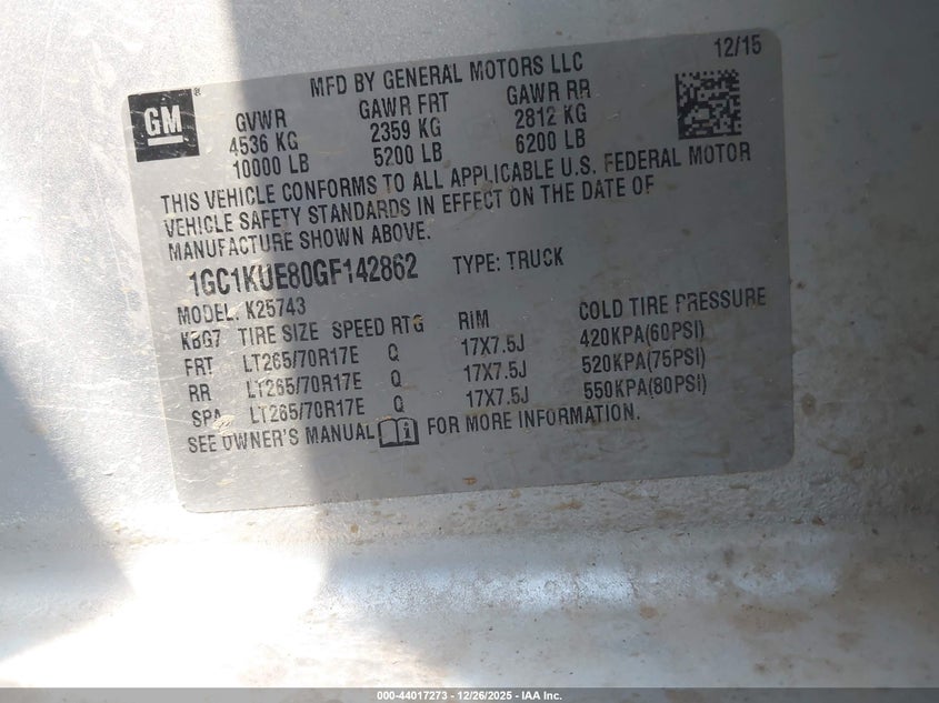 2016 Chevrolet Silverado 2500Hd Wt VIN: 1GC1KUE80GF142862 Lot: 44017273