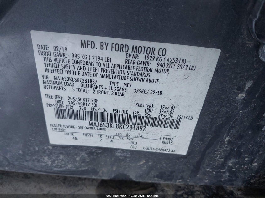 VIN MAJ6S3KL8KC281887 2019 FORD ECOSPORT TITANIUM