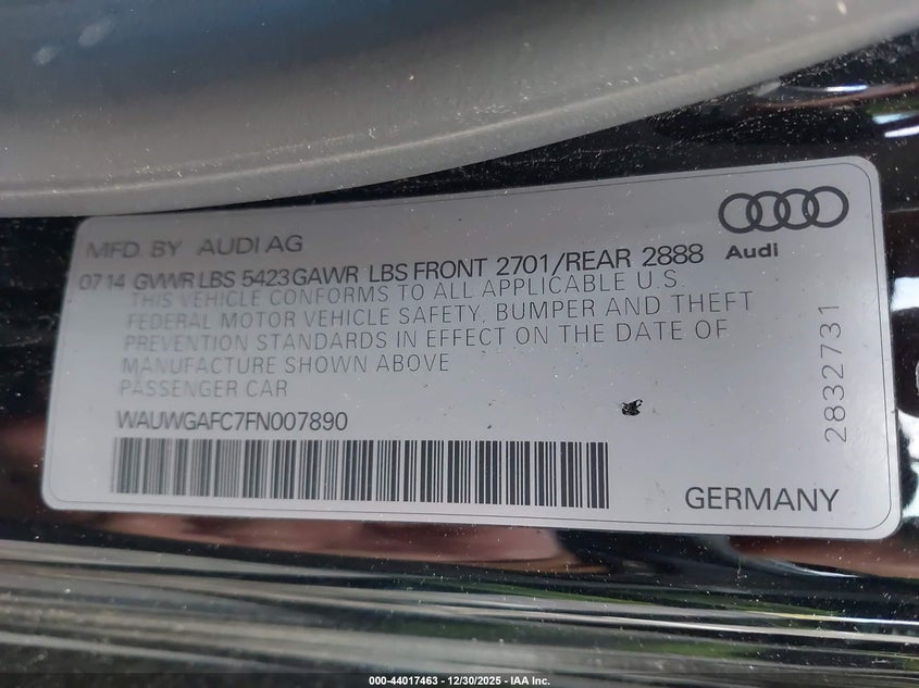2015 Audi A7 3.0T Premium Plus VIN: WAUWGAFC7FN007890 Lot: 44017463