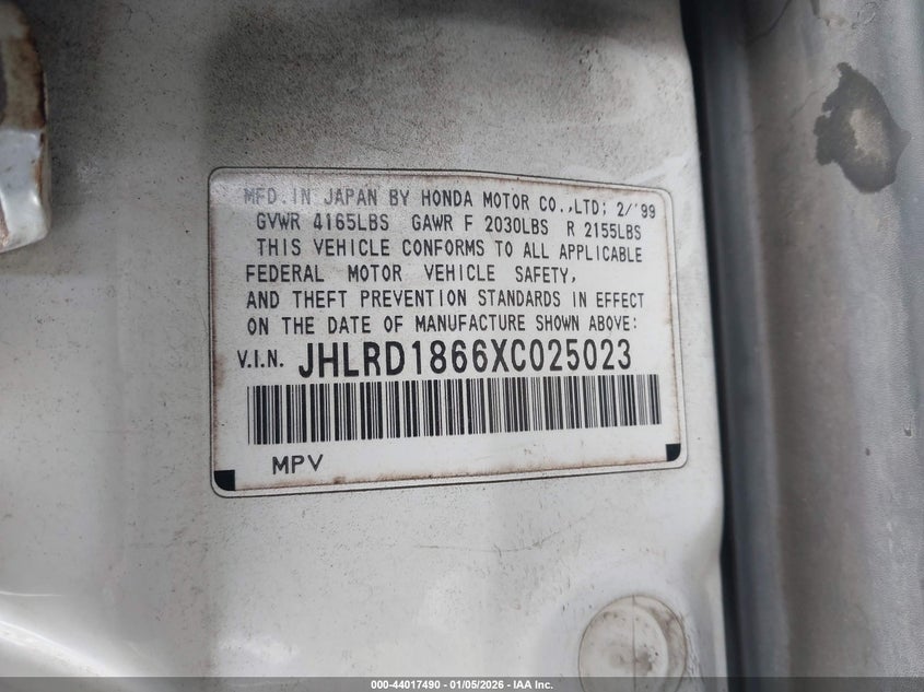 1999 Honda Cr-V Ex VIN: JHLRD1866XC025023 Lot: 44017490