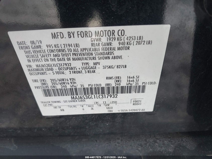 VIN MAJ6S3GL1LC317932 2020 FORD ECOSPORT SE