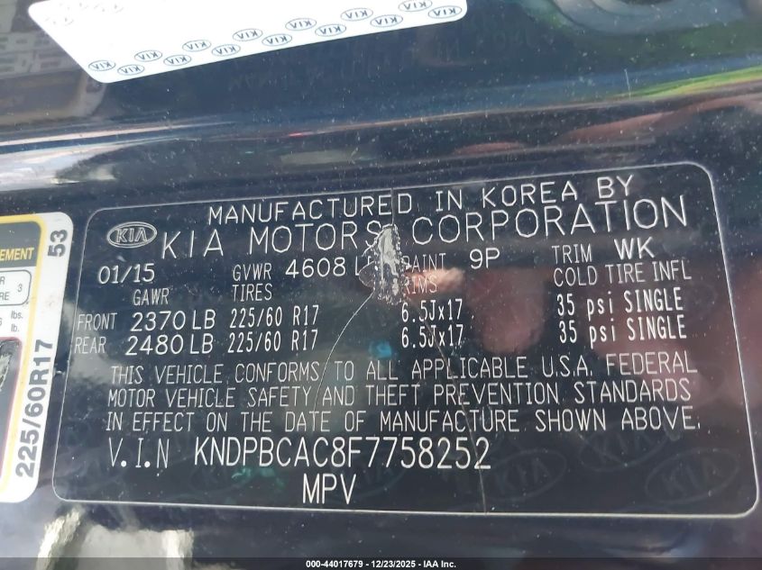 2015 Kia Sportage Lx VIN: KNDPBCAC8F7758252 Lot: 44017679