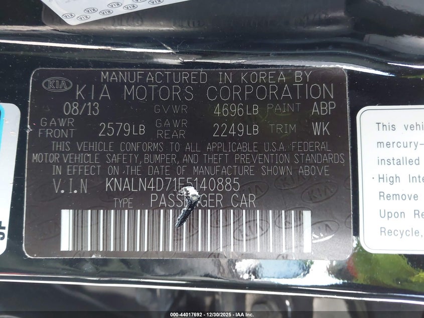 2014 Kia Cadenza Limited VIN: KNALN4D71E5140885 Lot: 44017692