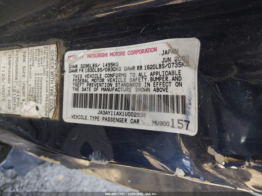 2001 Mitsubishi Mirage De VIN: JA3AY11AX1U002938 Lot: 44017707