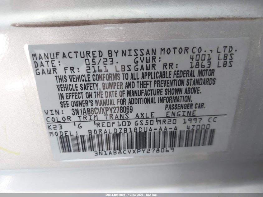 VIN 3N1AB8CVXPY278069 2023 NISSAN SENTRA SV XTRONIC CVT