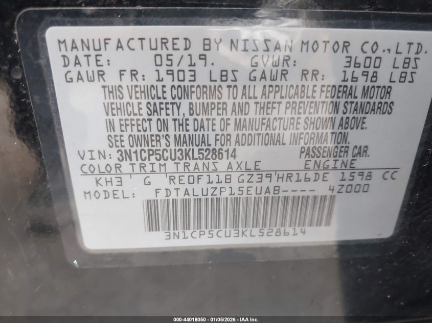 VIN 3N1CP5CU3KL528614 2019 NISSAN KICKS SR