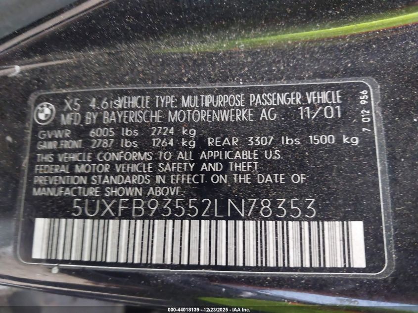2002 BMW X5 4.6Is VIN: 5UXFB93552LN78353 Lot: 44018139