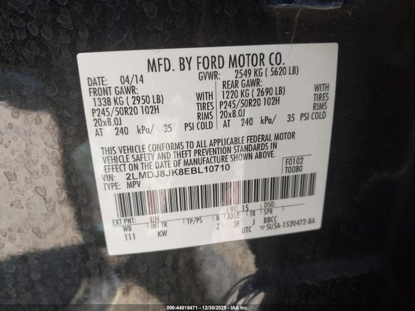 2014 Lincoln Mkx VIN: 2LMDJ8JK8EBL10710 Lot: 44018471