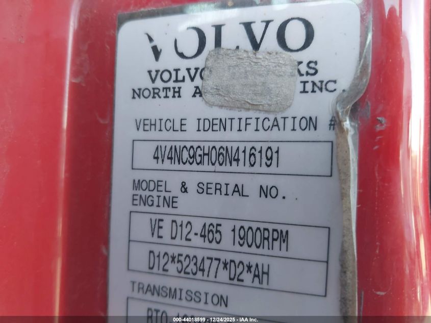 2006 Volvo Vn Vnl VIN: 4V4NC9GH06N416191 Lot: 44018599