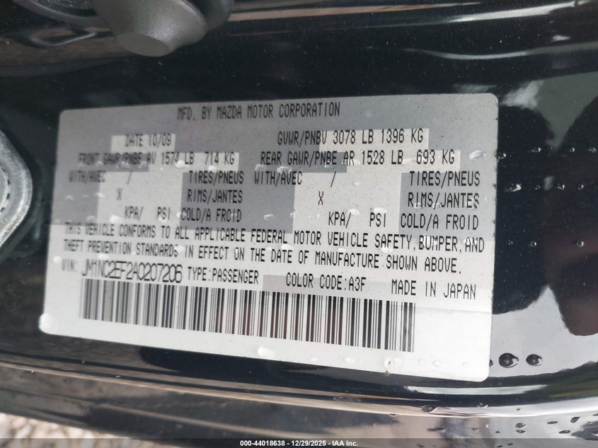 2010 Mazda Mx-5 Miata Sport VIN: JM1NC2EF2A0207206 Lot: 44018638