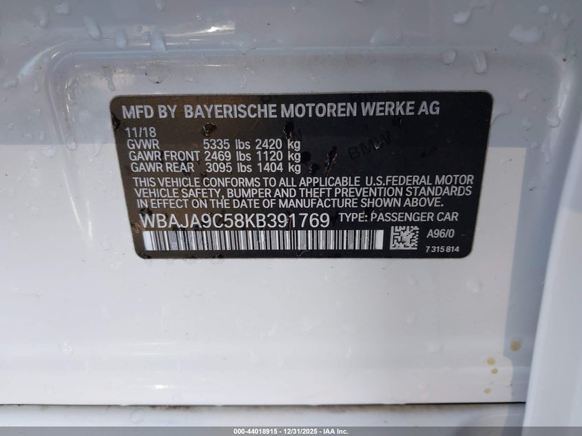 VIN: WBAJA9C58KB391769 2019 BMW 530E IPERFORMANCE