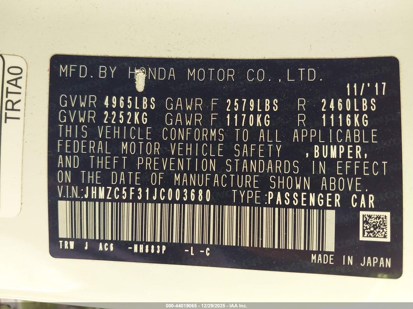 2018 Honda Clarity Plug-In Hybrid Touring VIN: JHMZC5F31JC003680 Lot: 44019065