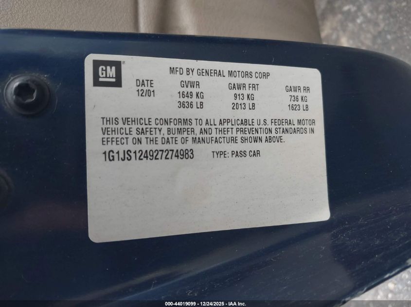 2002 Chevrolet Cavalier Ls VIN: 1G1JS124927274983 Lot: 44019099